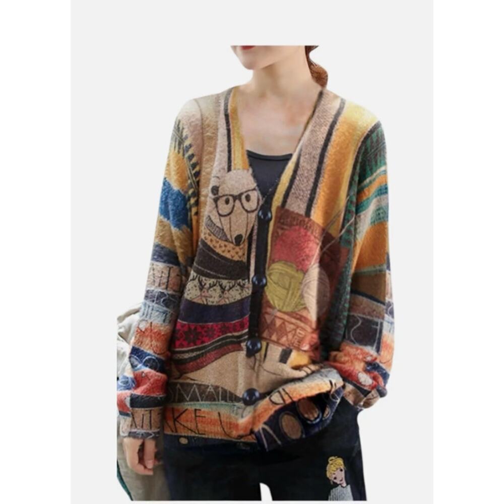 Colorful Patterned Women's Cardigan Wool and Cotton blend. No synthetic fabric.
